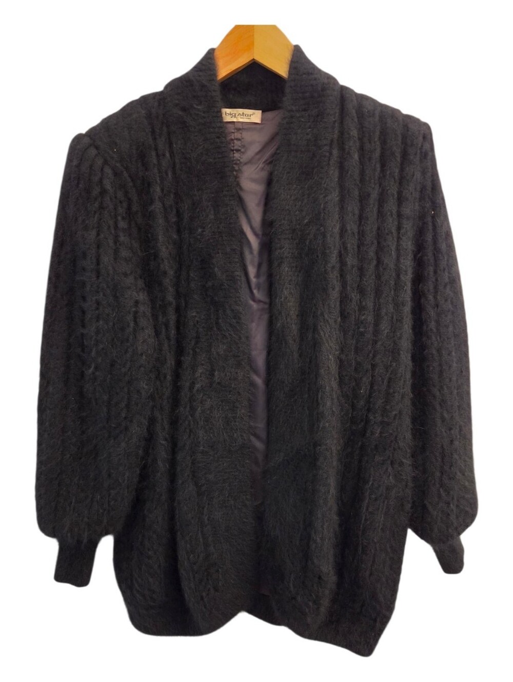 Vintage Big Star Black Open-Front Cable Knit Angora Coat Sz L